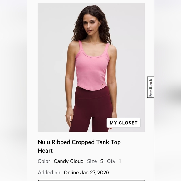 lululemon athletica Tops - NWOT lululemon cropped ribbed tank top - Candy Cloud Pink sz S